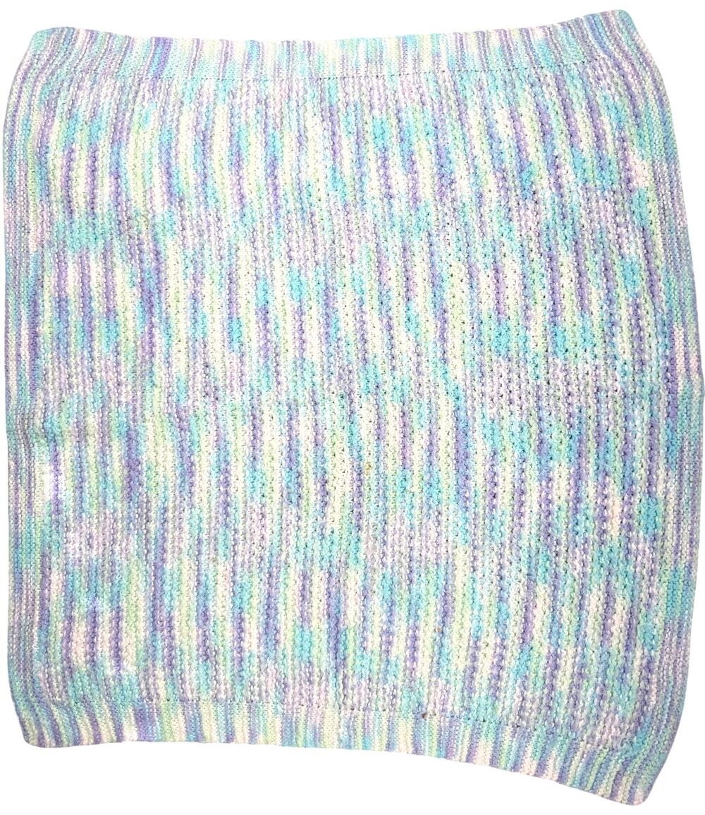 Vintage 1970s Hand Knit Baby Blanket Pastel Stripe 32x34